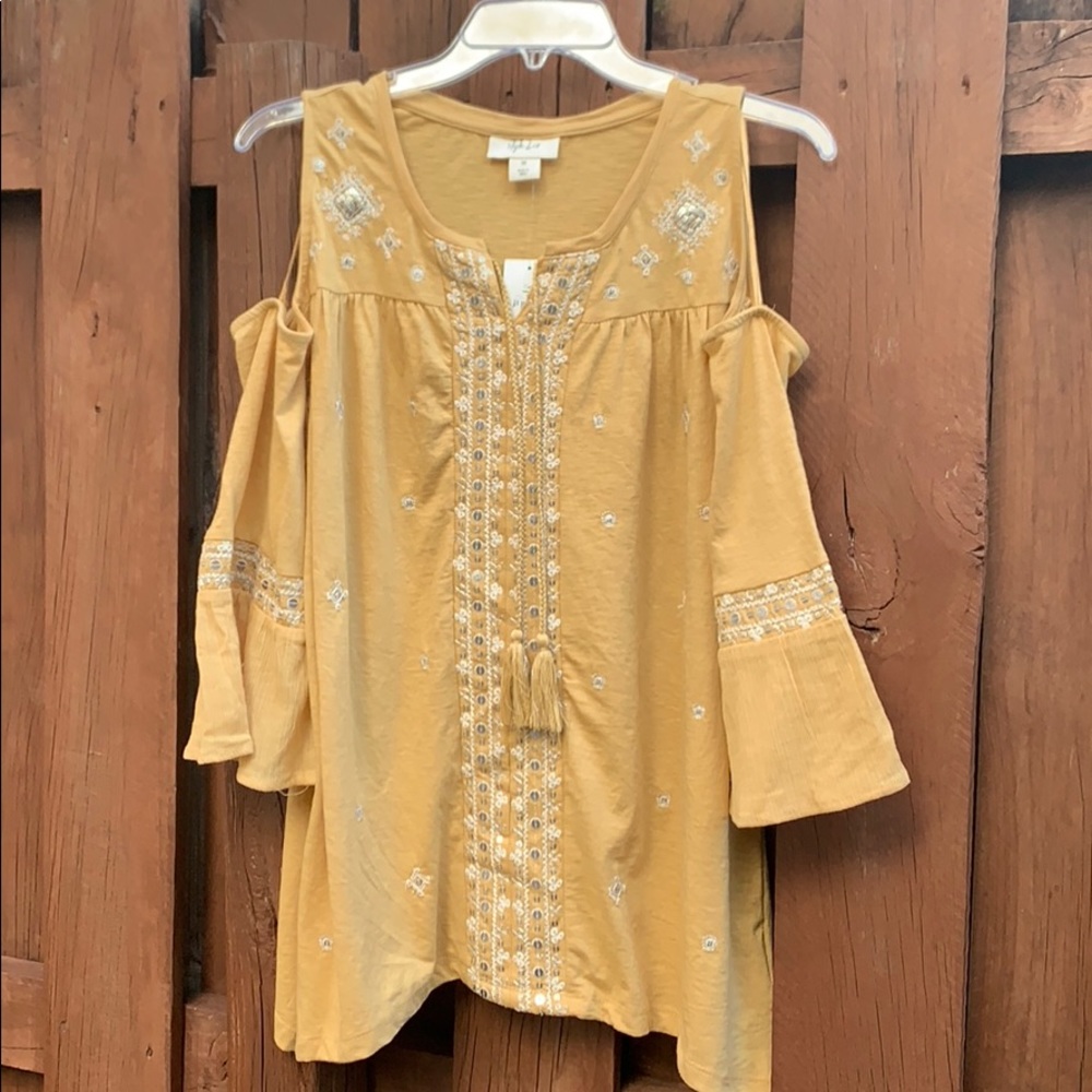 Style & Co Embroidered Sequin Cold Shoulder Top - Picture 2 of 5